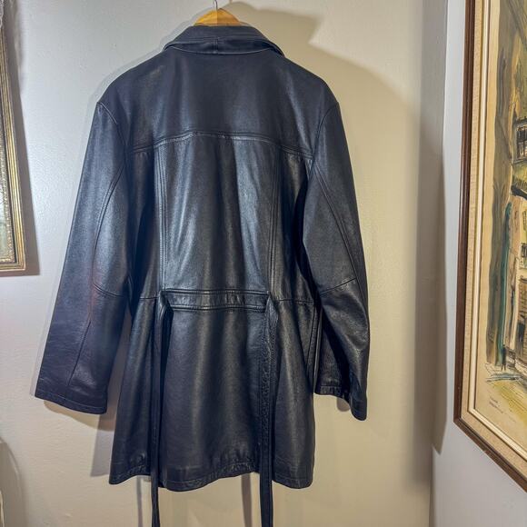 Middlebrook Park Black Leather Coat | Belted Matrix-Style Trench Jacket (Size L) - Picture 5 of 10